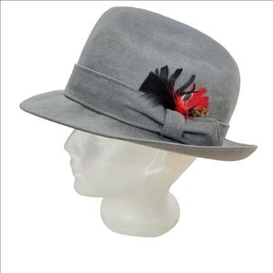 Vintage Mallory By Stetson Grey Feathered Fedora‎ Hat 7 1/8